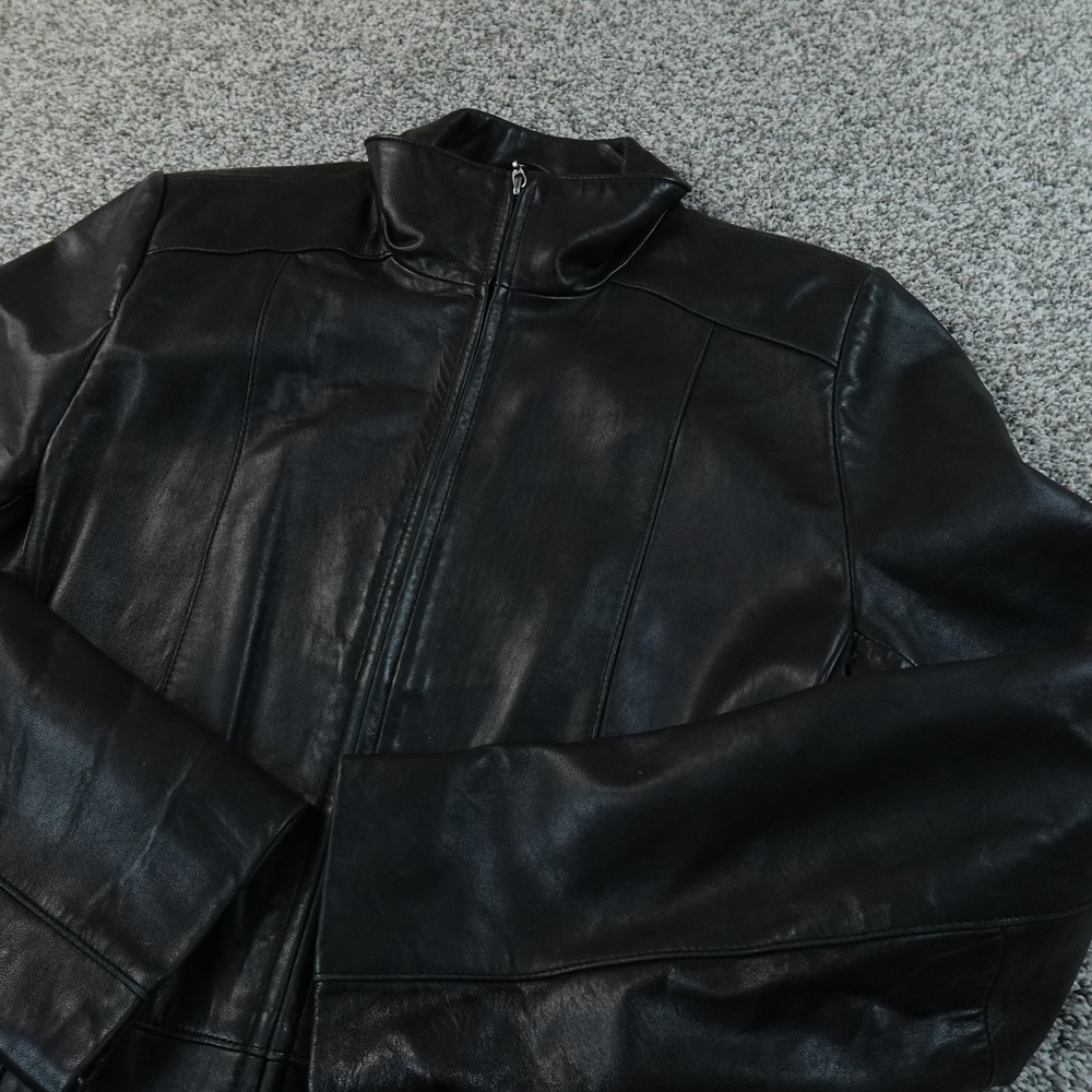 Croft Barrow Coat Womens M Black Lambskin Leather Full Zip Mid Length Jacket Top